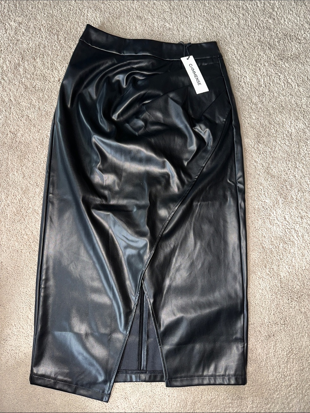 Commense Black Faux Leather Pencil Skirt with Front Slit
